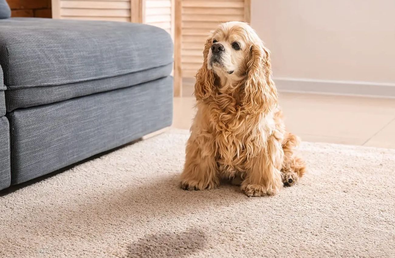 A dog sits on the floor next to a couch, illustrating a pet mess removal service based in Houston, TX.